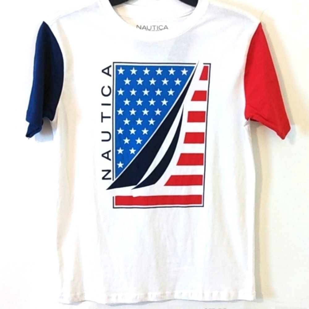 NAUTICA GRAPHIC TEE SHIRT USA RED WHITE BLUE COLOR-BLOCK TEE SIZE 14-16 NWT